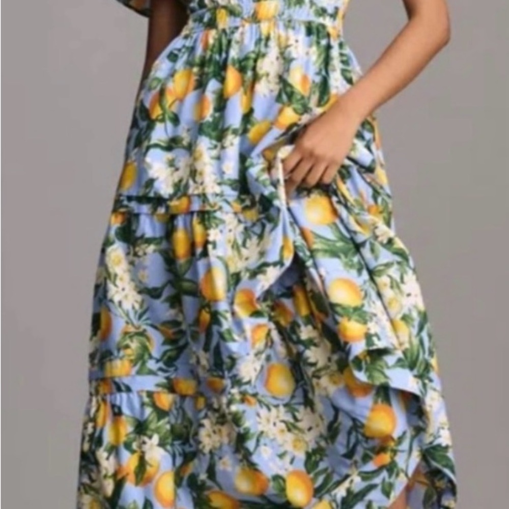 Anthropologie Somerset Blue and Yellow Floral High Low Dress